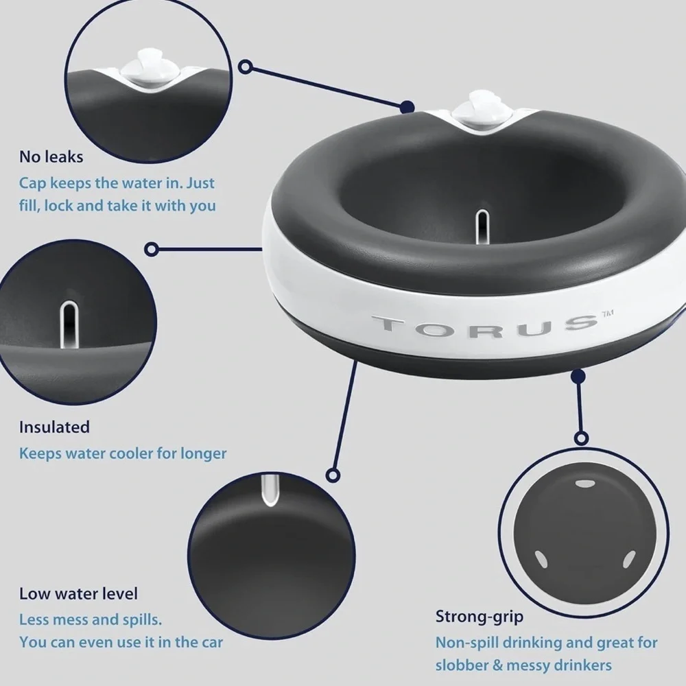 TORUS Filtered 2L/68oz Portable Gravity Dog Water Bowl + 5 new unused filters